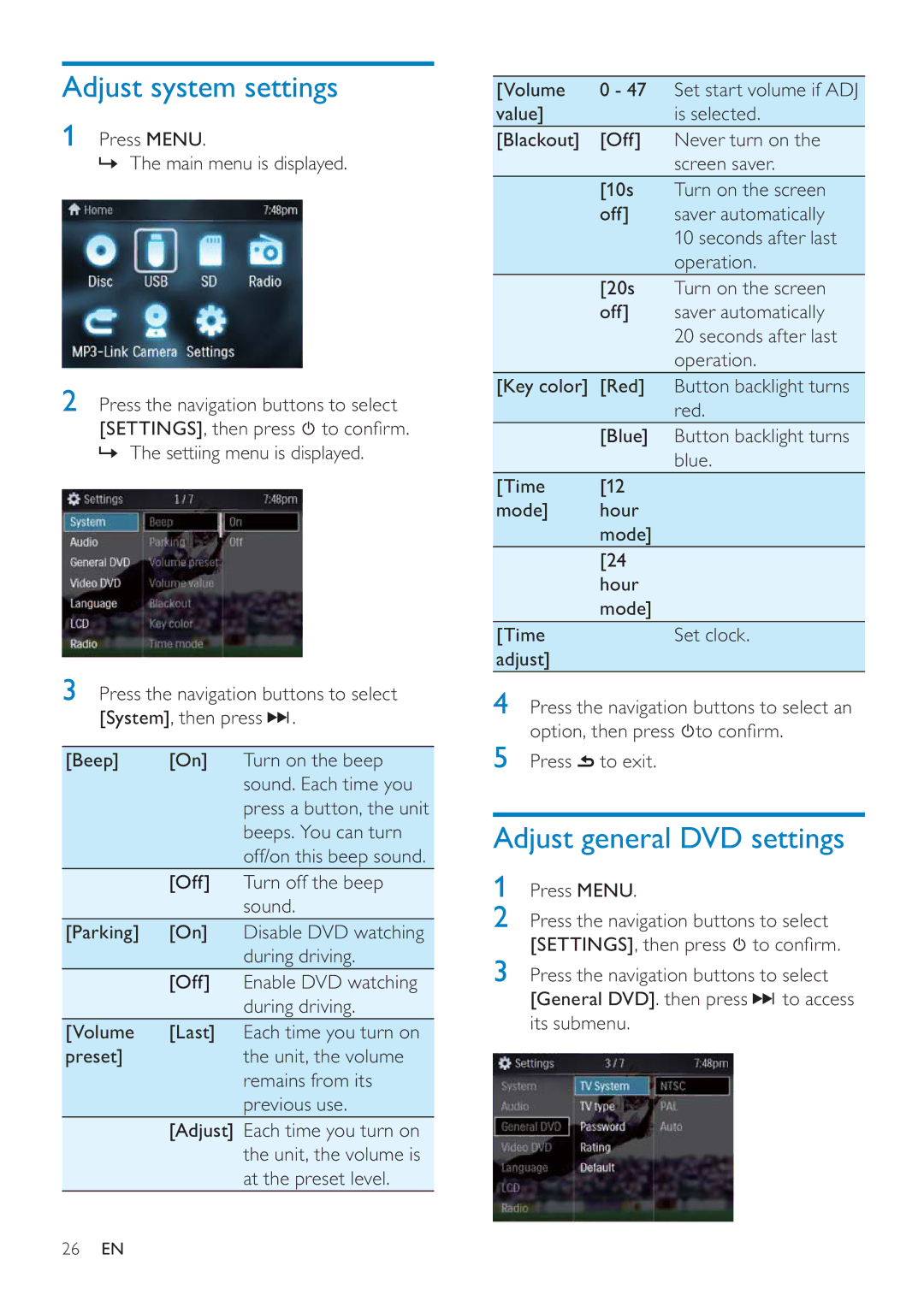 Philips CED228 user manual Adjust system settings, Adjust general DVD settings, Beeps. You can turn 