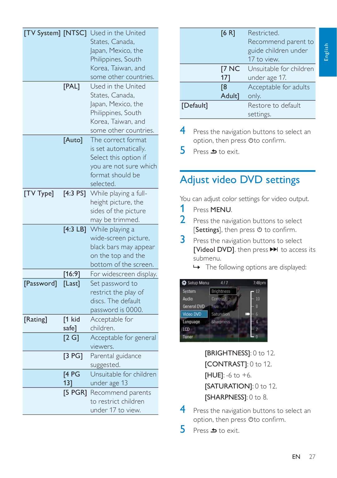 Philips CED228 user manual Adjust video DVD settings 