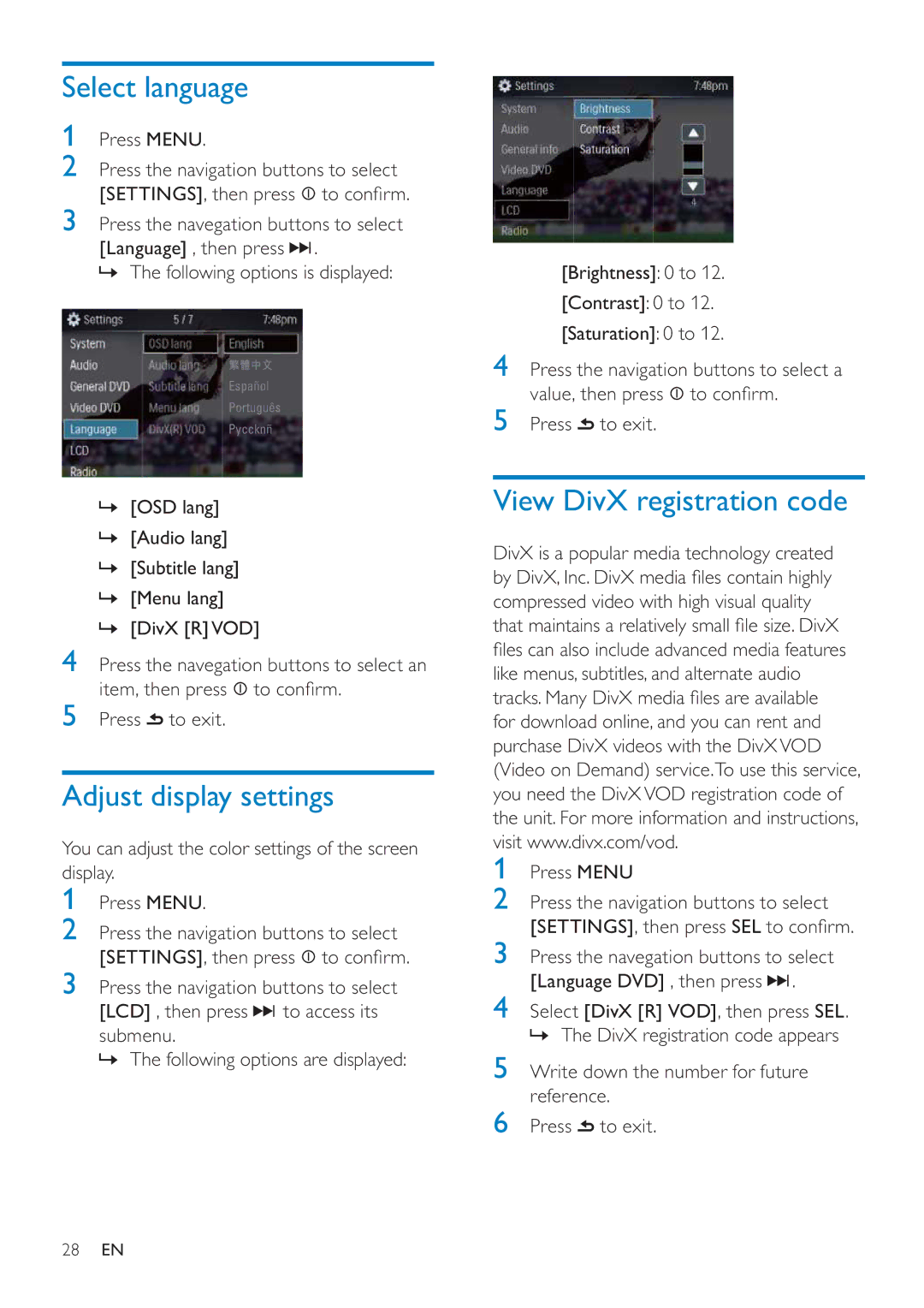 Philips CED228 user manual Select language, Adjust display settings, View DivX registration code 