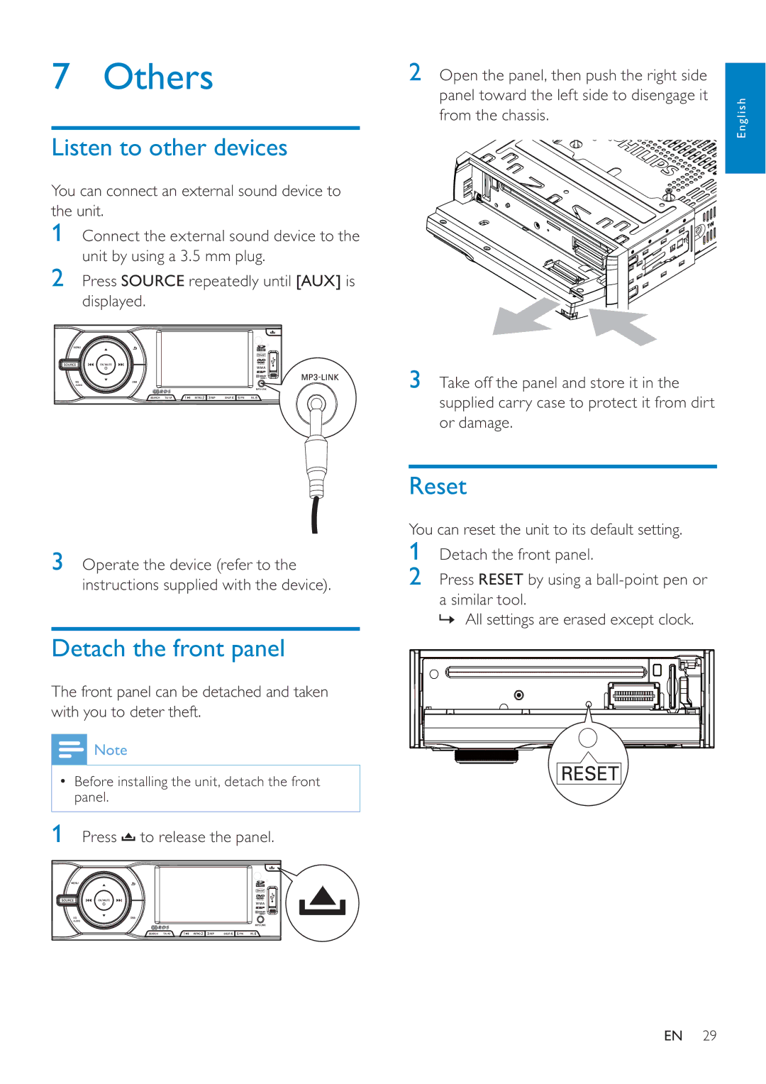 Philips CED228 user manual Others, Listen to other devices, Detach the front panel, Reset, Press to release the panel 