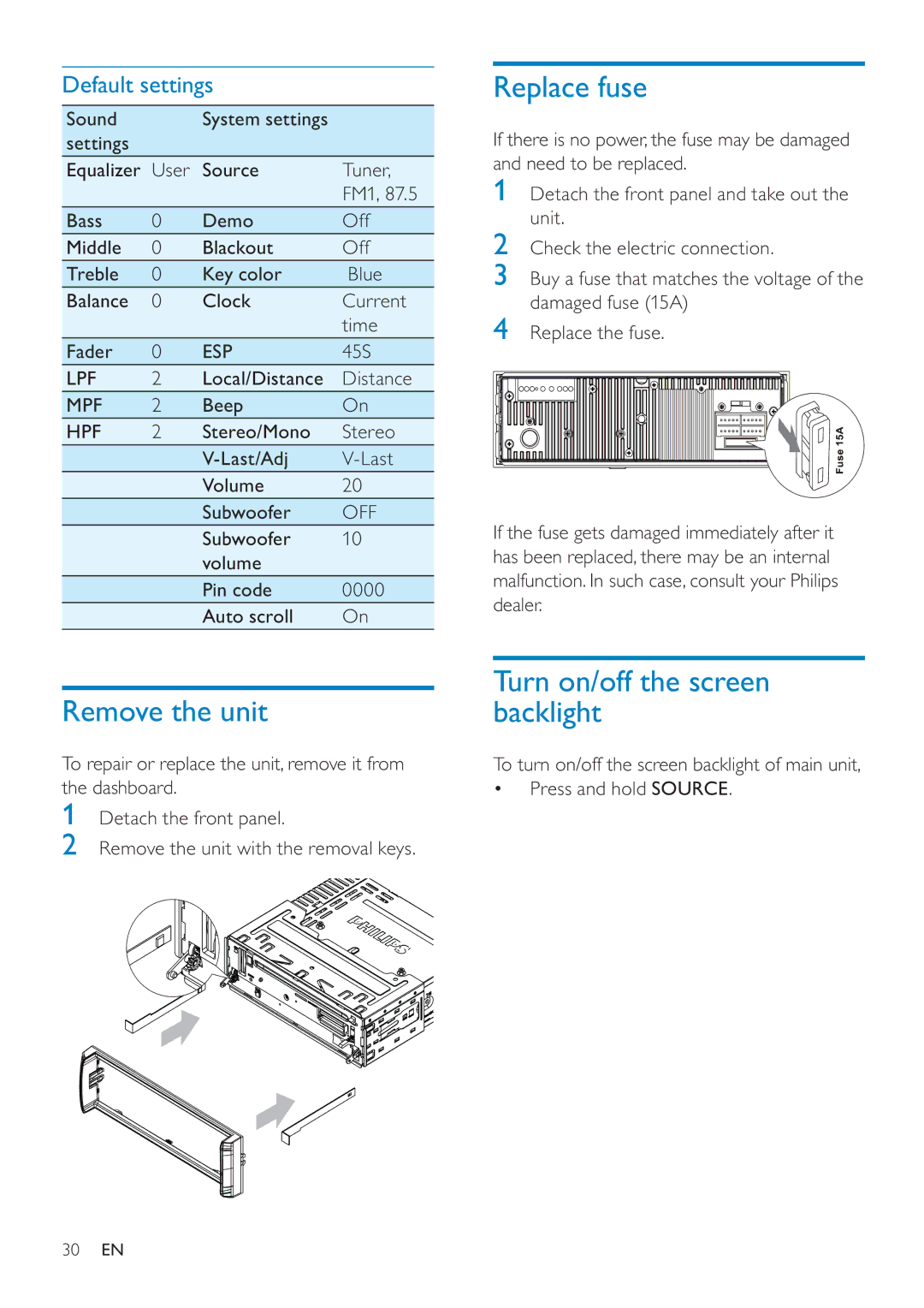 Philips CED228 user manual Remove the unit, Replace fuse, Turn on/off the screen backlight, Default settings 