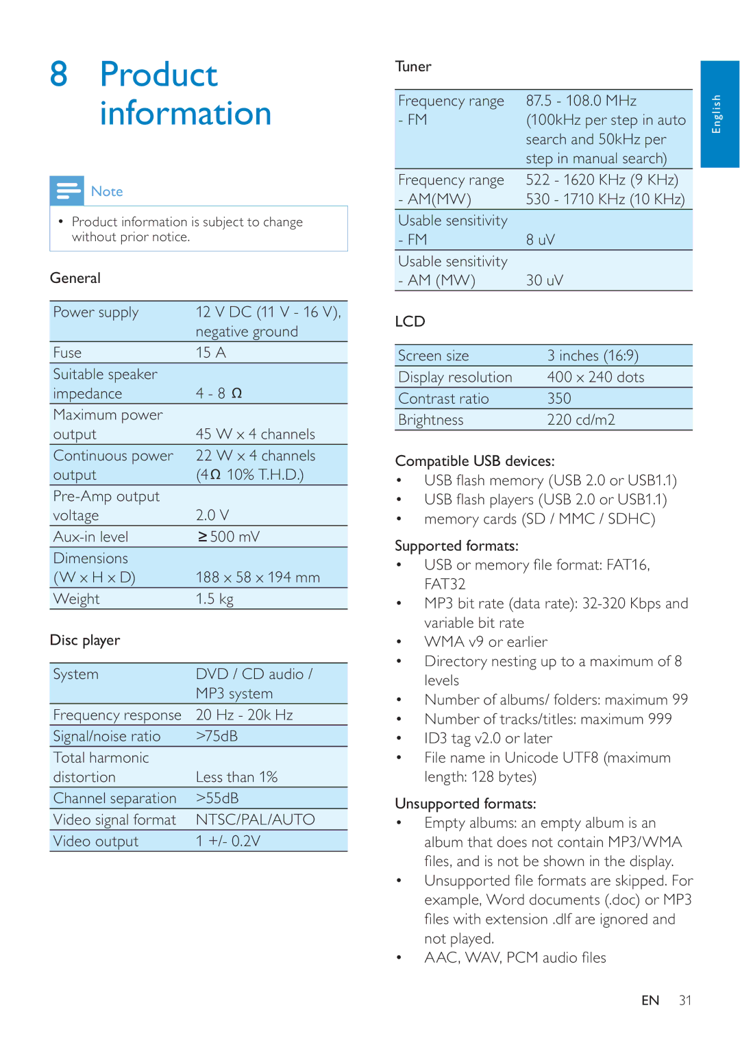 Philips CED228 user manual General Power supply, Negative ground, Hz 20k Hz, Usable sensitivity AM MW 30 uV 