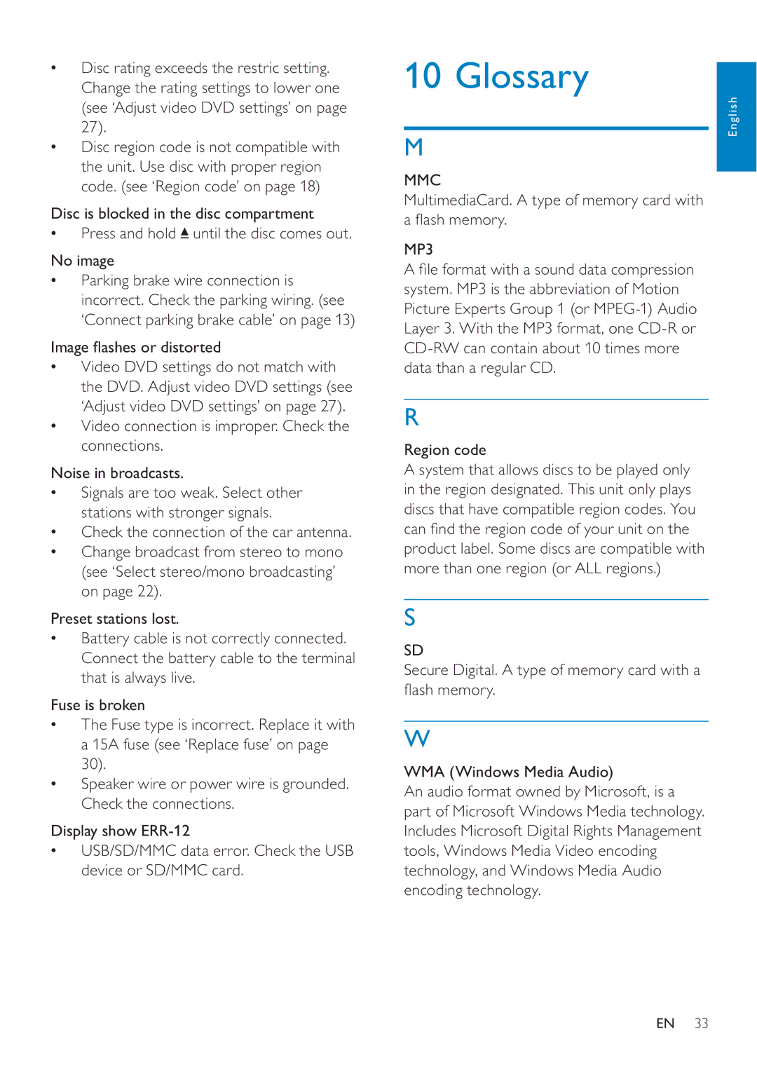 Philips CED228 user manual Glossary, Image ﬂ ashes or distorted, MultimediaCard. a type of memory card with a ﬂ ash memory 