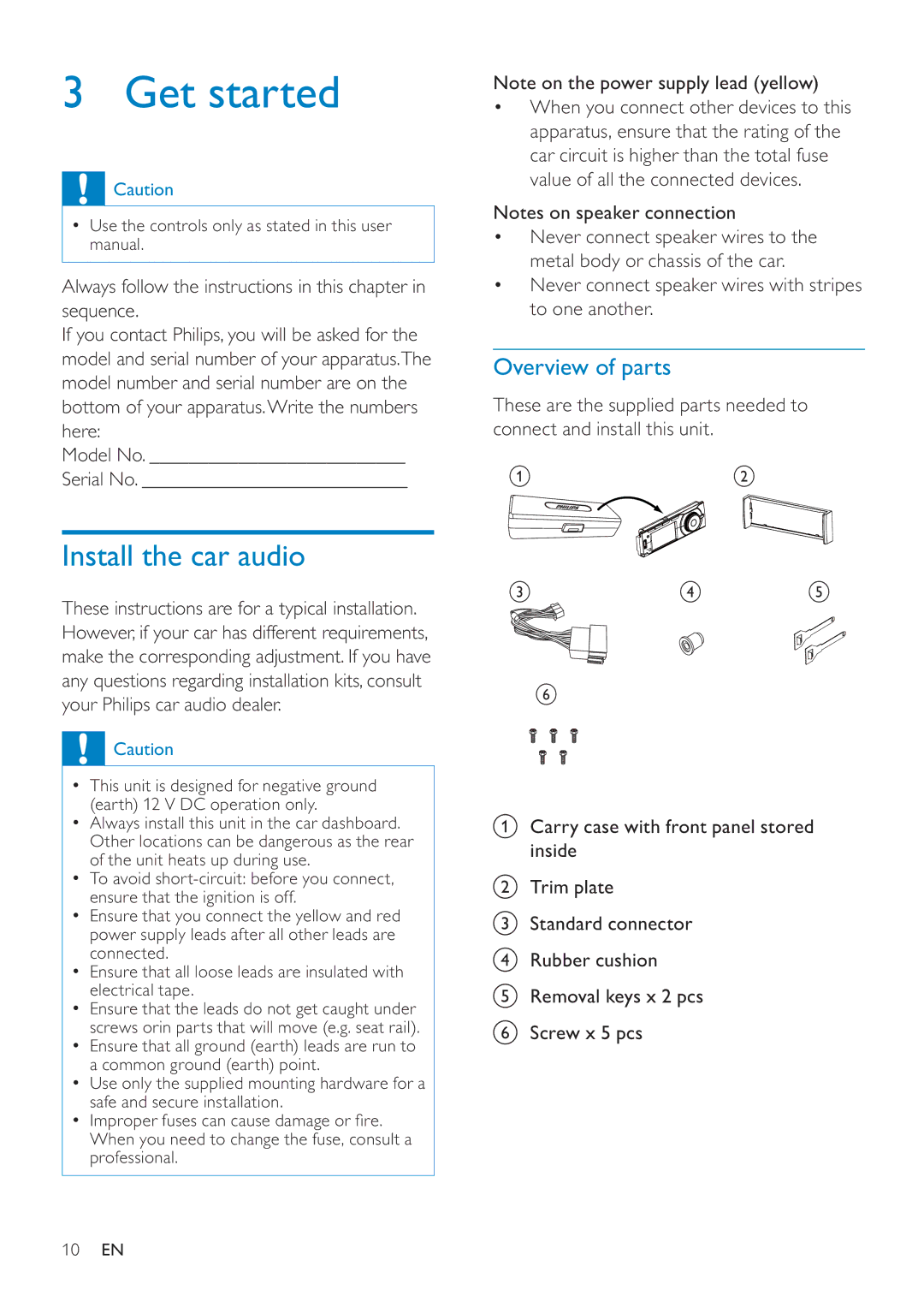 Philips CED228 user manual Get started, Install the car audio, Overview of parts 