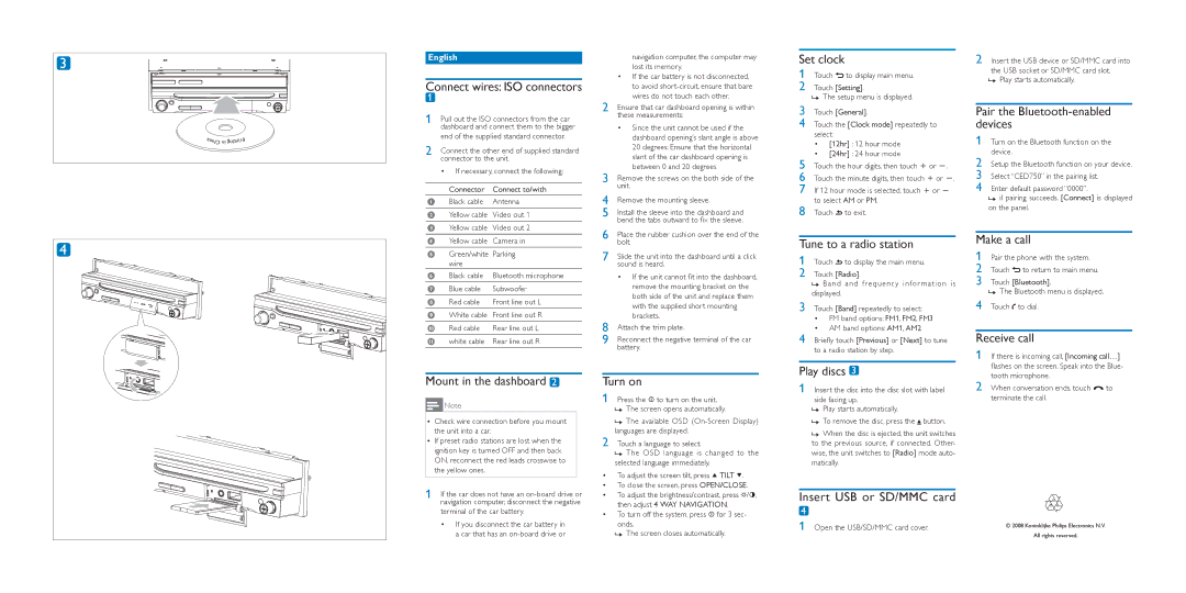 Philips CED750 Connect wires ISO connectors, Set clock, Pair the Bluetooth-enabled, Devices, Tune to a radio station 