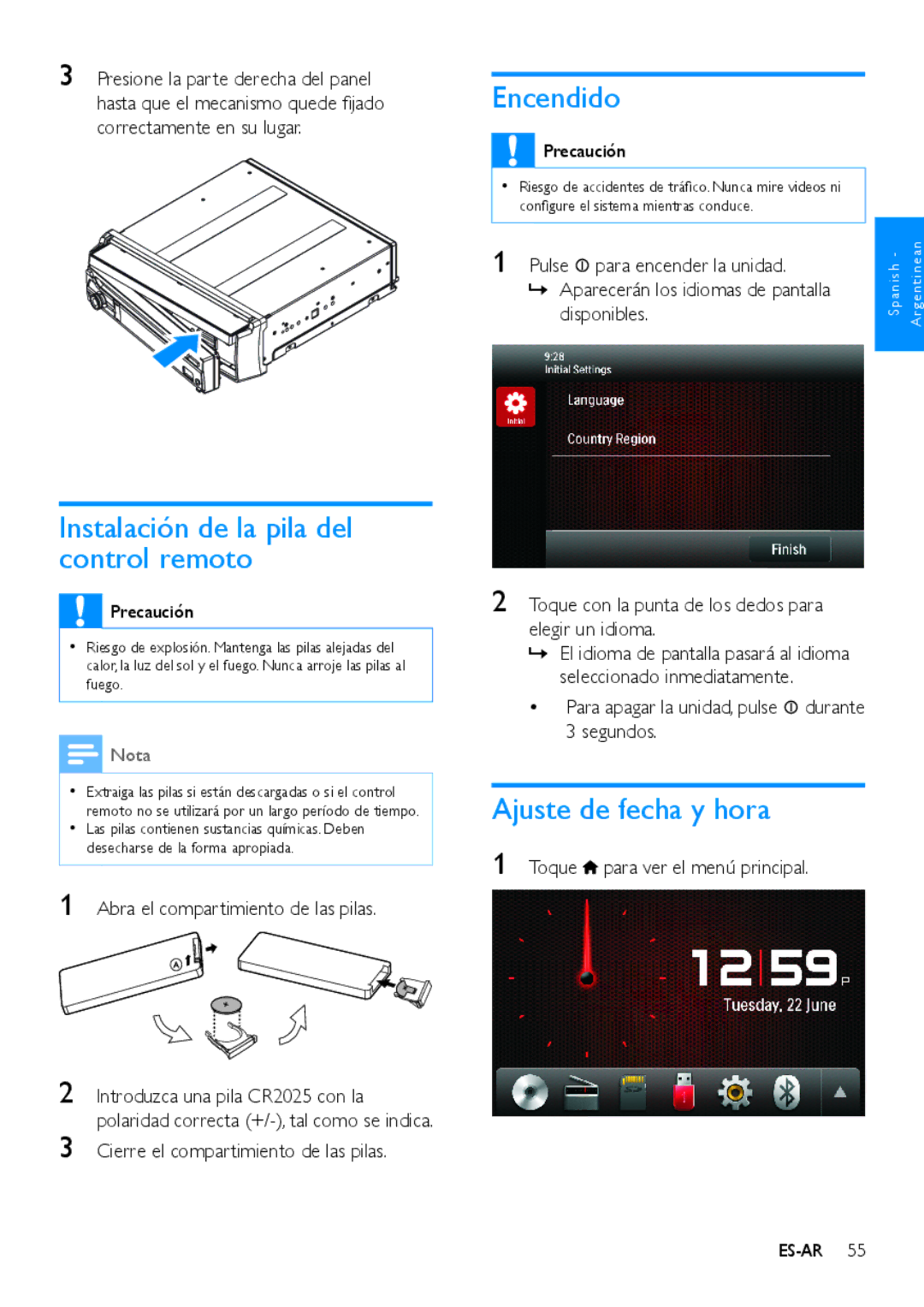 Philips CED780 user manual Encendido, Instalación de la pila del control remoto, Ajuste de fecha y hora 