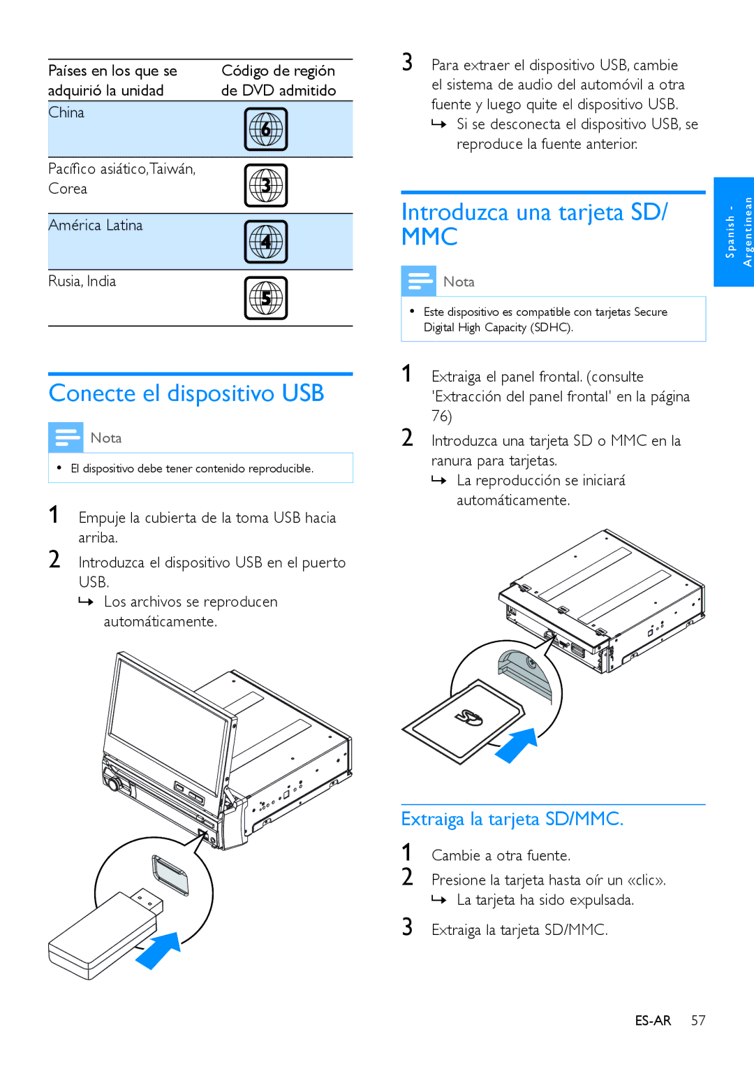 Philips CED780 user manual Conecte el dispositivo USB, Introduzca una tarjeta SD, Extraiga la tarjeta SD/MMC 