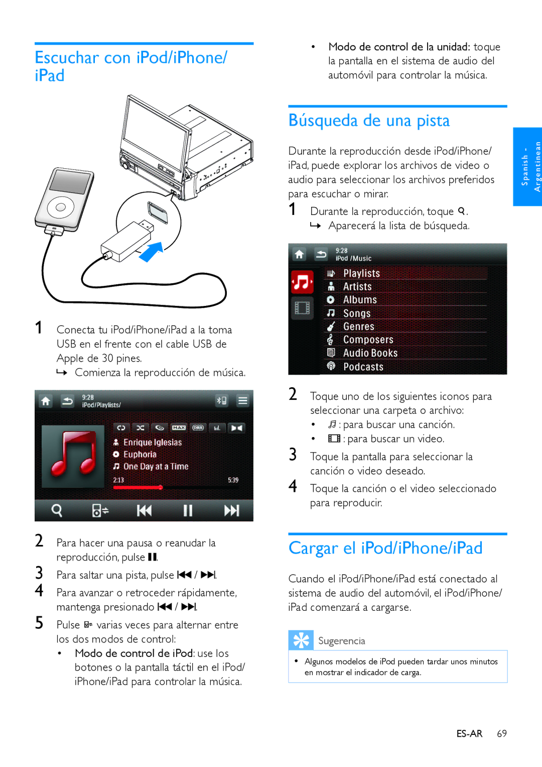 Philips CED780 user manual Escuchar con iPod/iPhone/ iPad, Búsqueda de una pista, Cargar el iPod/iPhone/iPad 