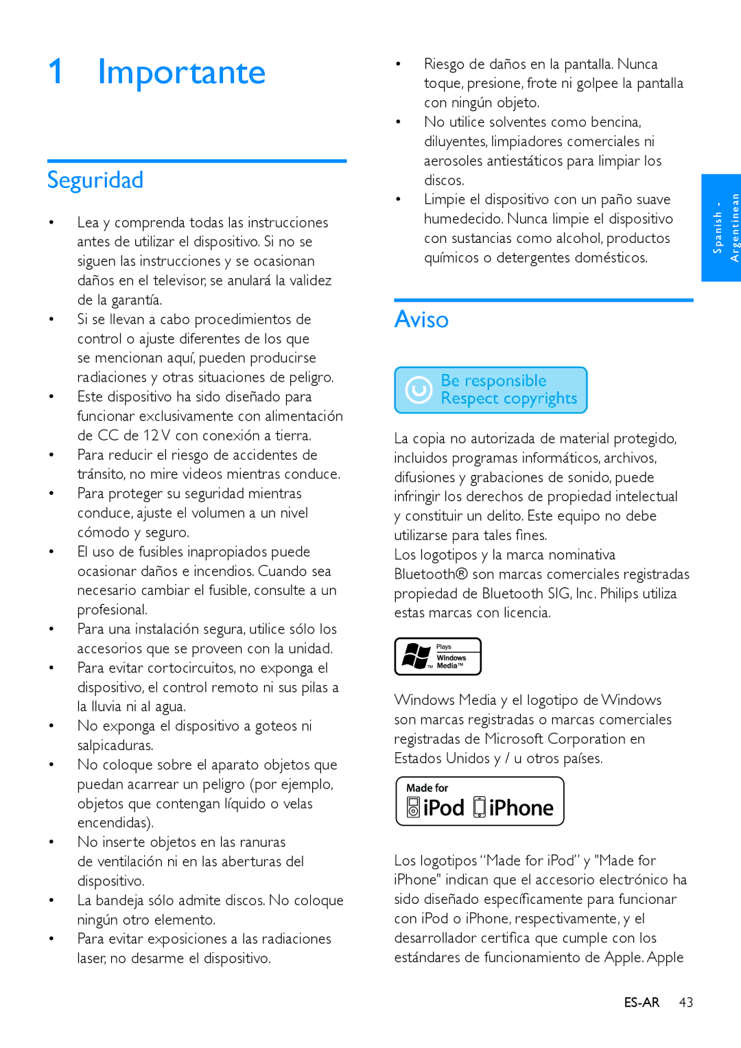 Philips CED780 user manual Importante, Seguridad, Aviso 