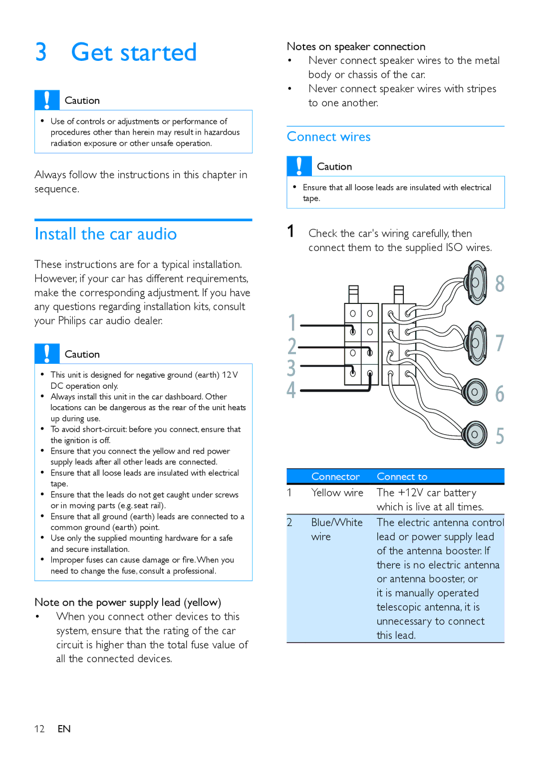 Philips CED780 user manual Get started, Install the car audio, Connect wires 