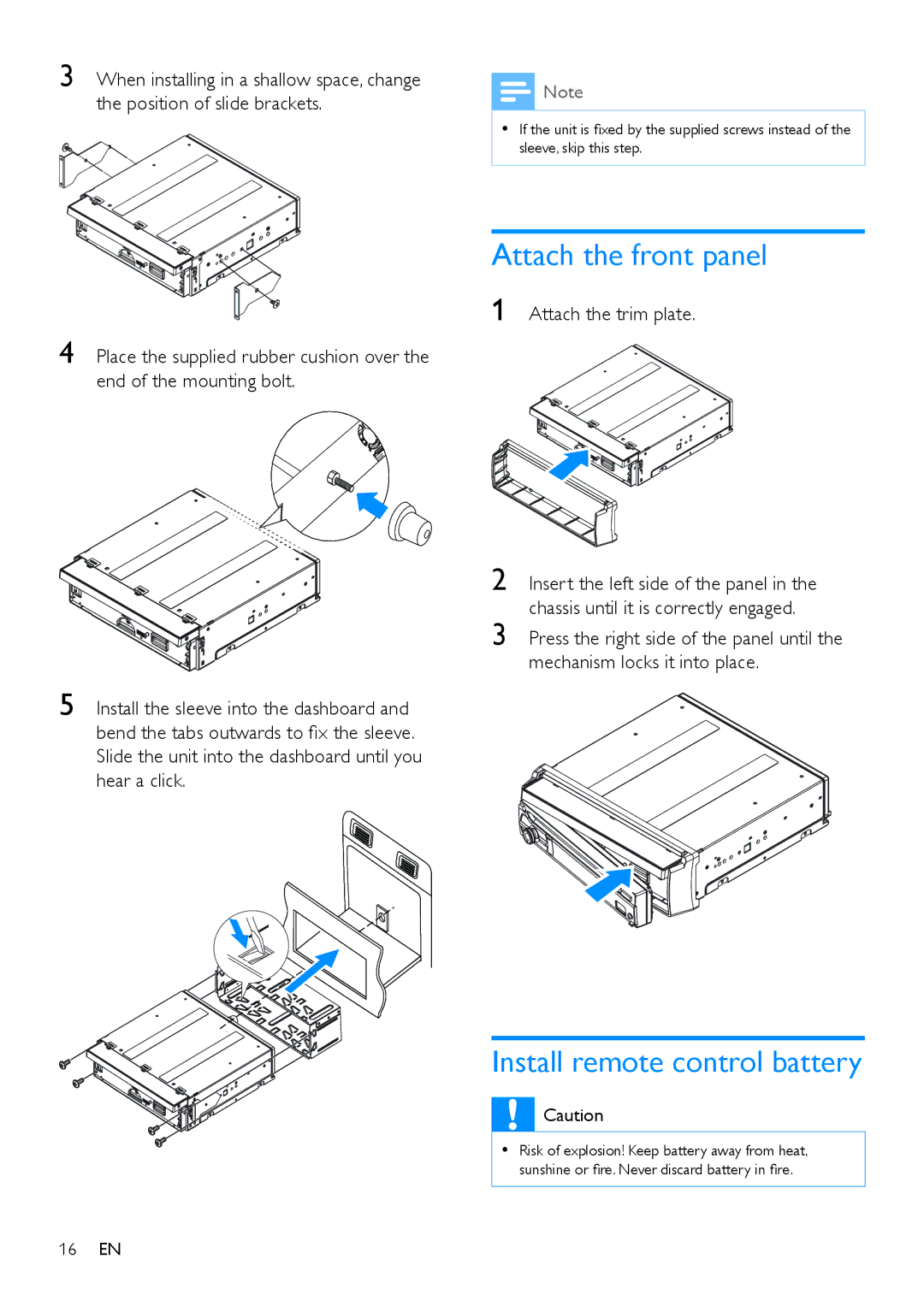 Philips CED780 user manual Attach the front panel, Install remote control battery 