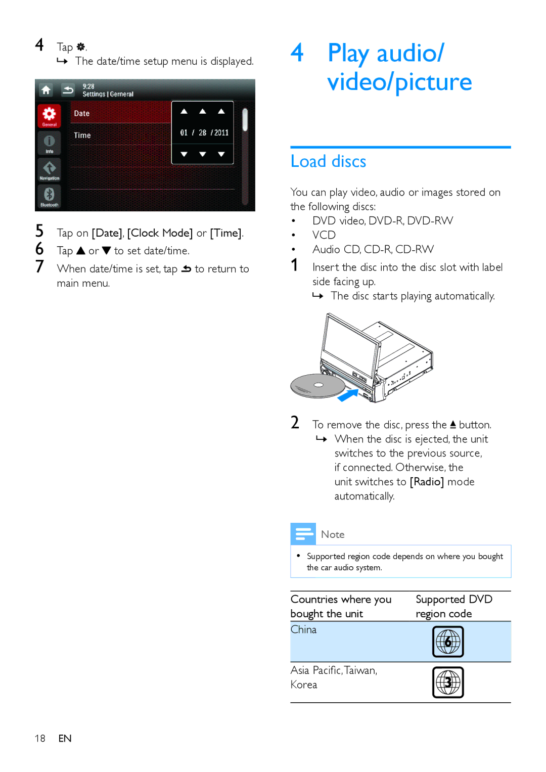 Philips CED780 user manual Load discs, Countries where you, Bought the unit Region code China Asia Pacific,Taiwan Korea 