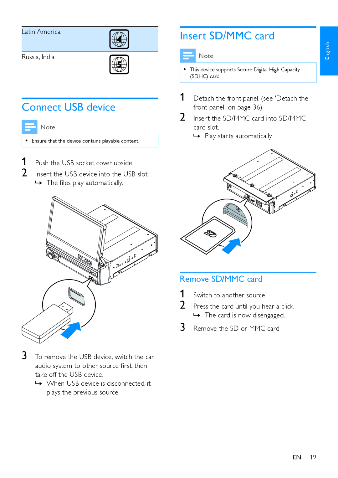 Philips CED780 user manual Connect USB device, Insert SD/MMC card, Remove SD/MMC card, Latin America Russia, India 