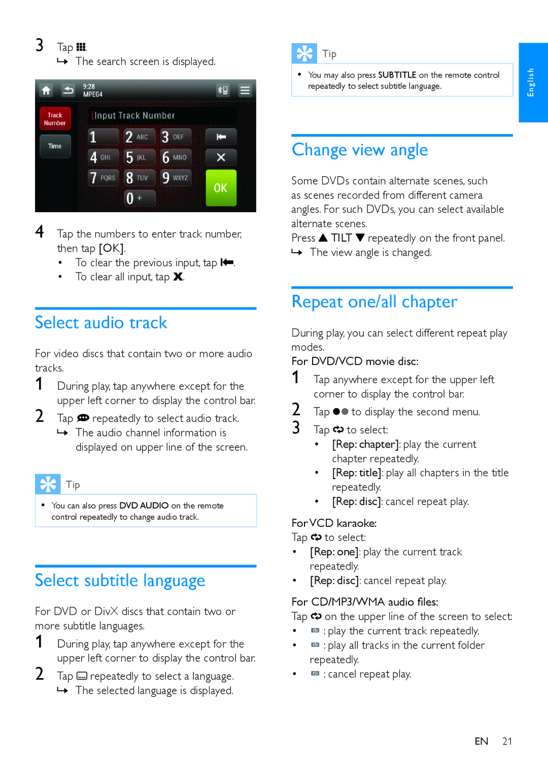 Philips CED780 user manual Select audio track, Select subtitle language, Change view angle, Repeat one/all chapter 