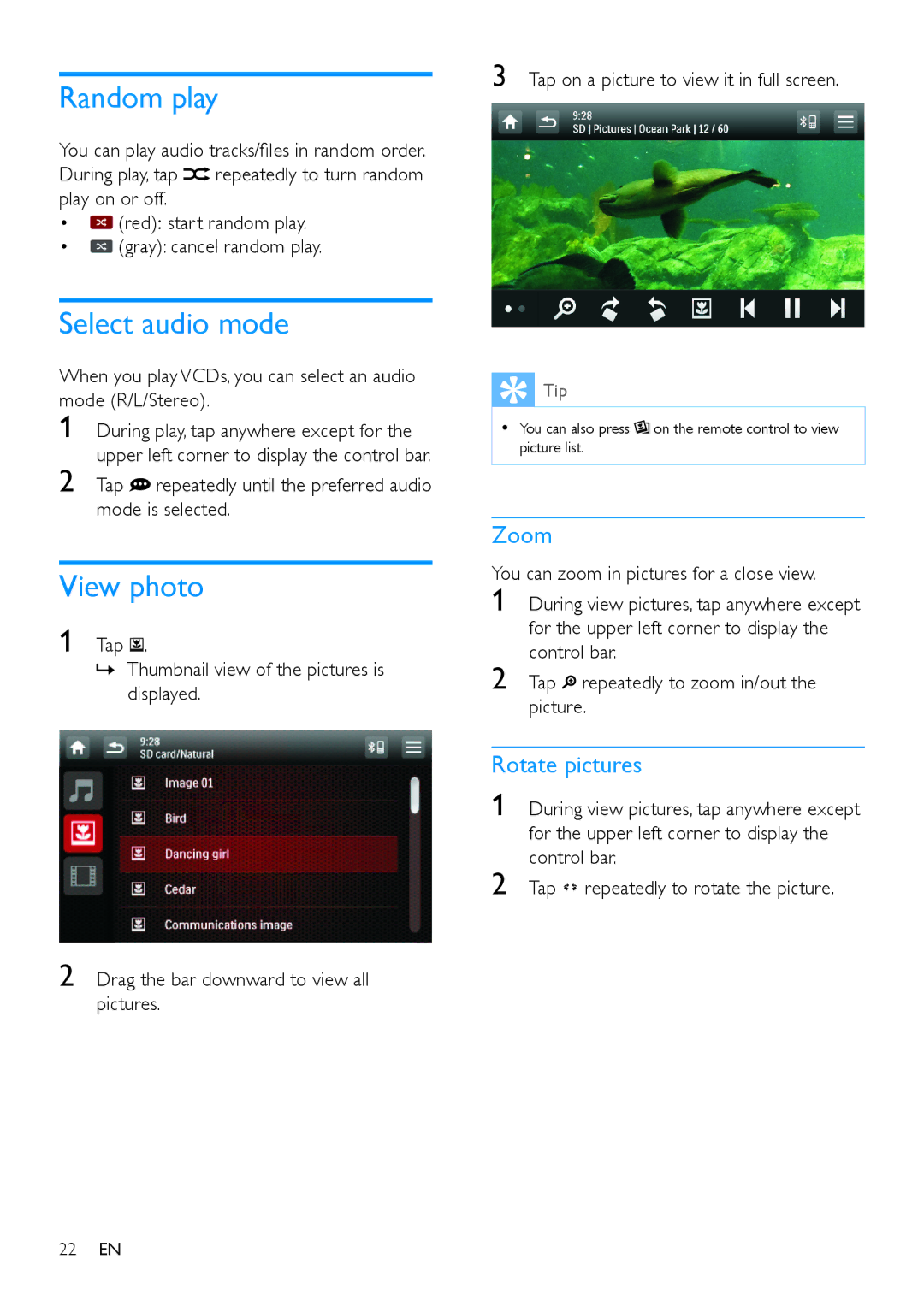 Philips CED780 user manual Random play, Select audio mode, View photo, Zoom, Rotate pictures 