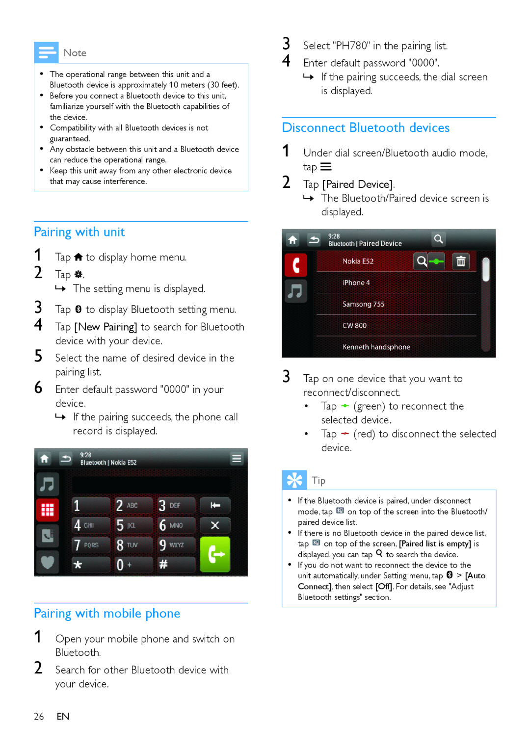 Philips CED780 user manual Pairing with unit, Pairing with mobile phone, Disconnect Bluetooth devices 