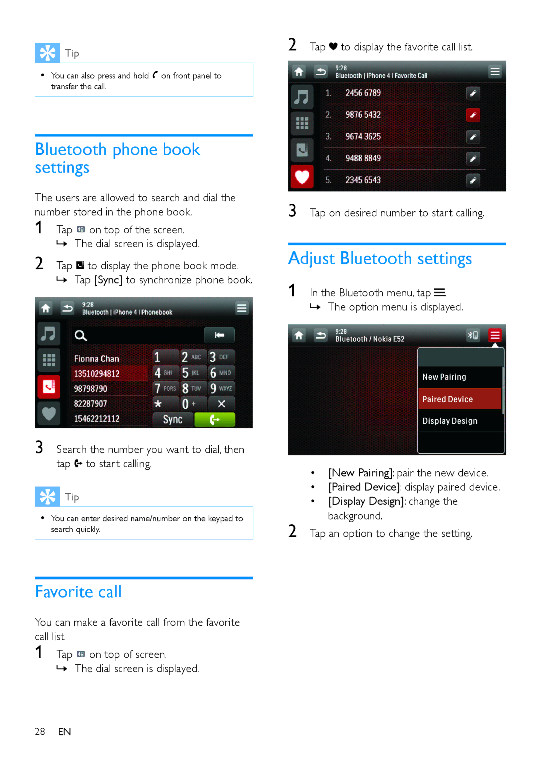 Philips CED780 user manual Bluetooth phone book settings, Adjust Bluetooth settings, Favorite call 