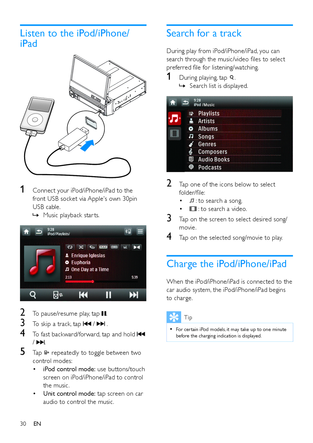 Philips CED780 user manual Listen to the iPod/iPhone/ iPad, Search for a track, Charge the iPod/iPhone/iPad 