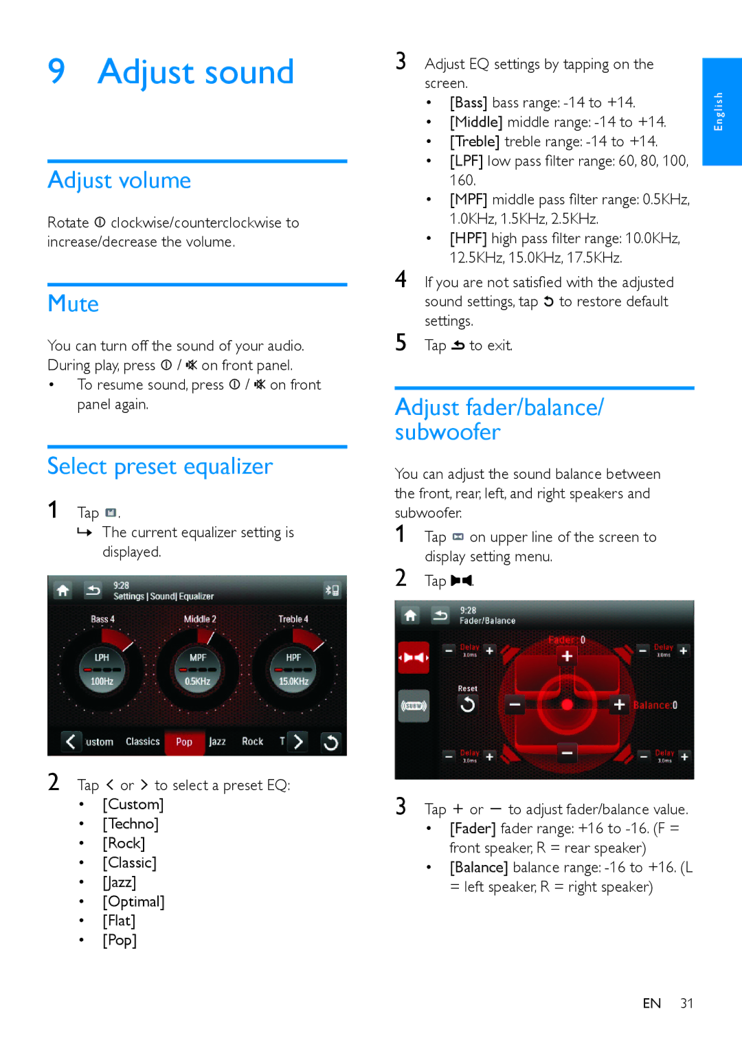 Philips CED780 user manual Adjust sound, Adjust volume, Mute, Select preset equalizer 