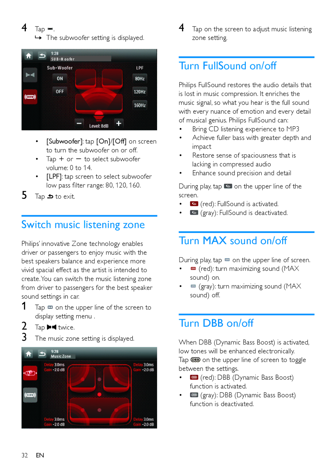 Philips CED780 user manual Switch music listening zone, Turn FullSound on/off, Turn MAX sound on/off, Turn DBB on/off 