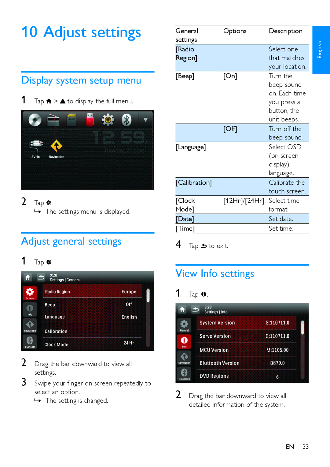 Philips CED780 user manual Adjust settings, Display system setup menu, Adjust general settings, View Info settings 