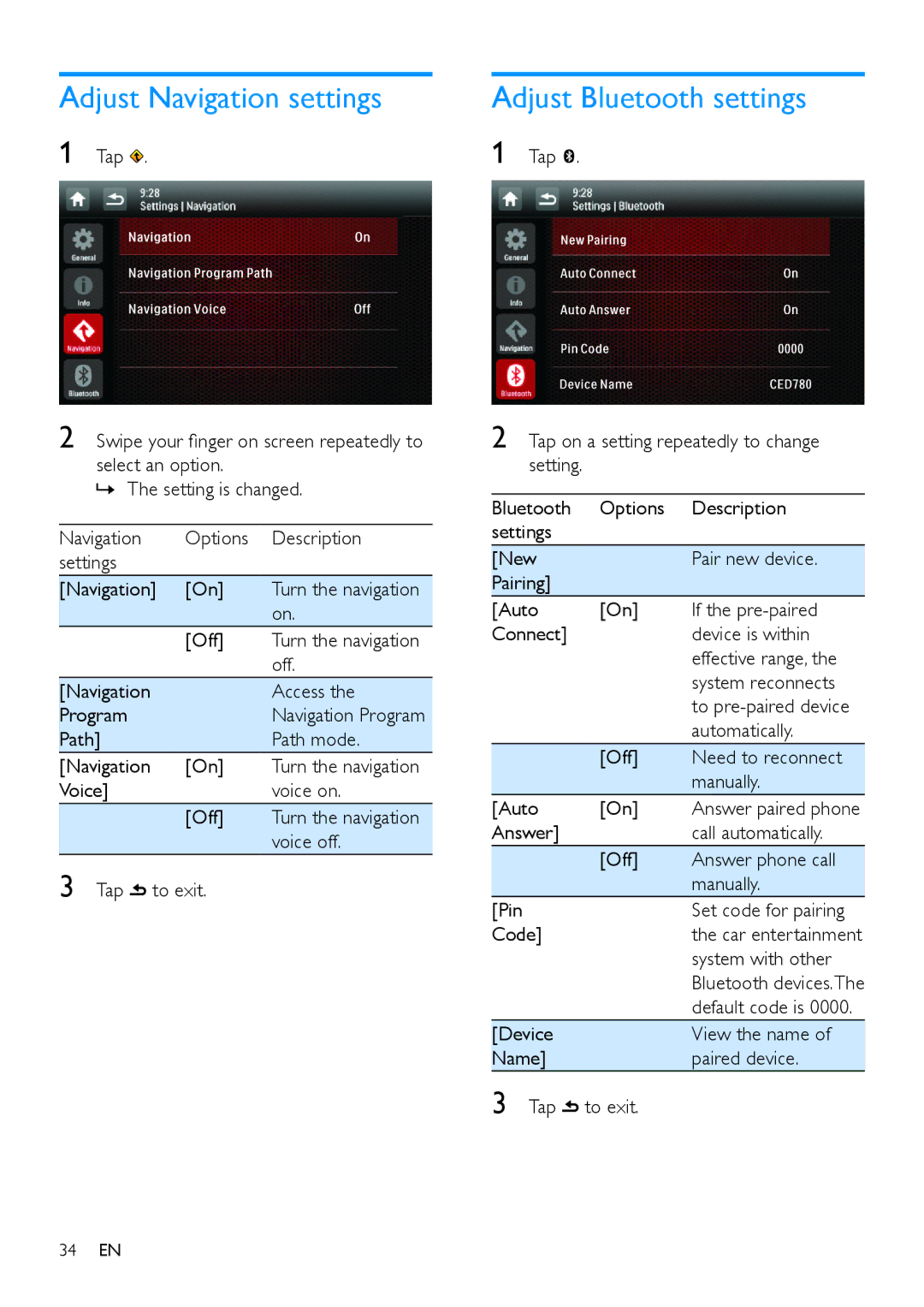 Philips CED780 user manual Adjust Navigation settings 