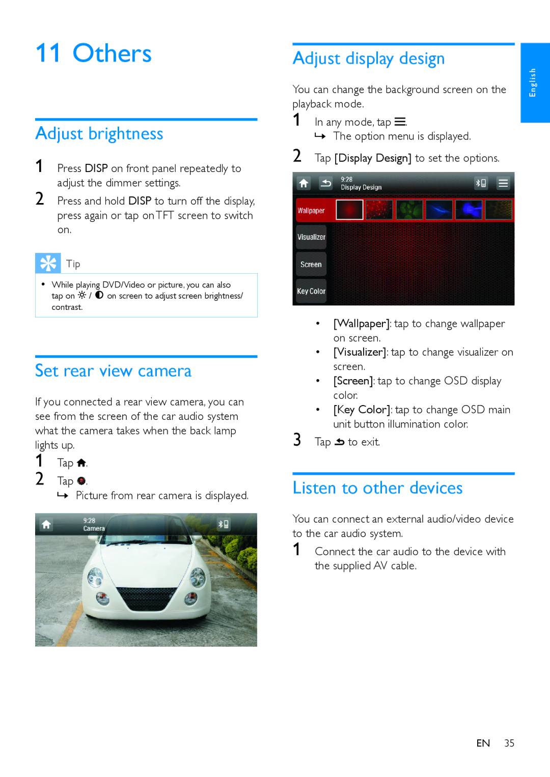 Philips CED780 user manual Others, Adjust brightness, Set rear view camera, Adjust display design, Listen to other devices 