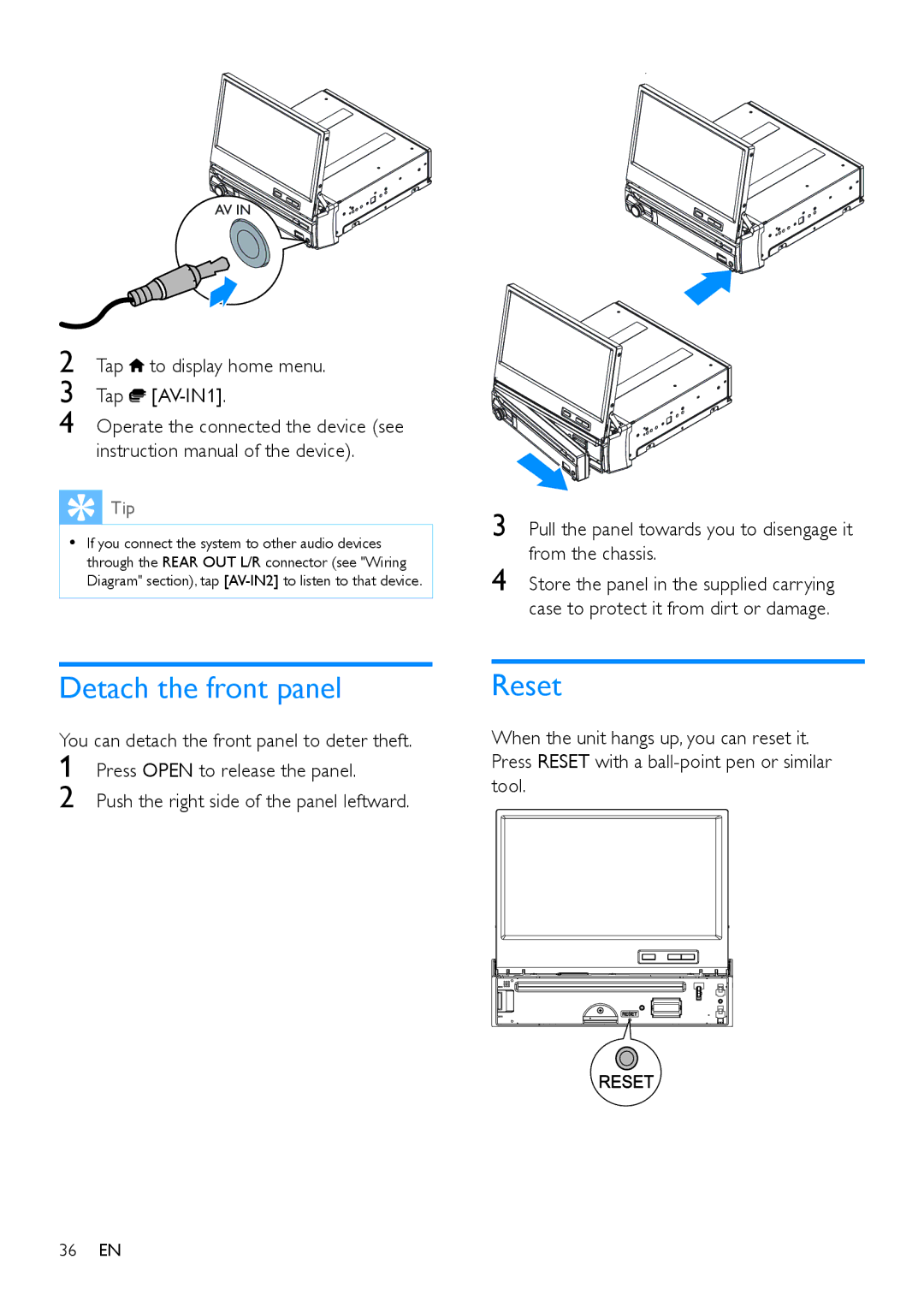 Philips CED780 user manual Detach the front panel, Reset, Tap To display home menu AV-IN1 