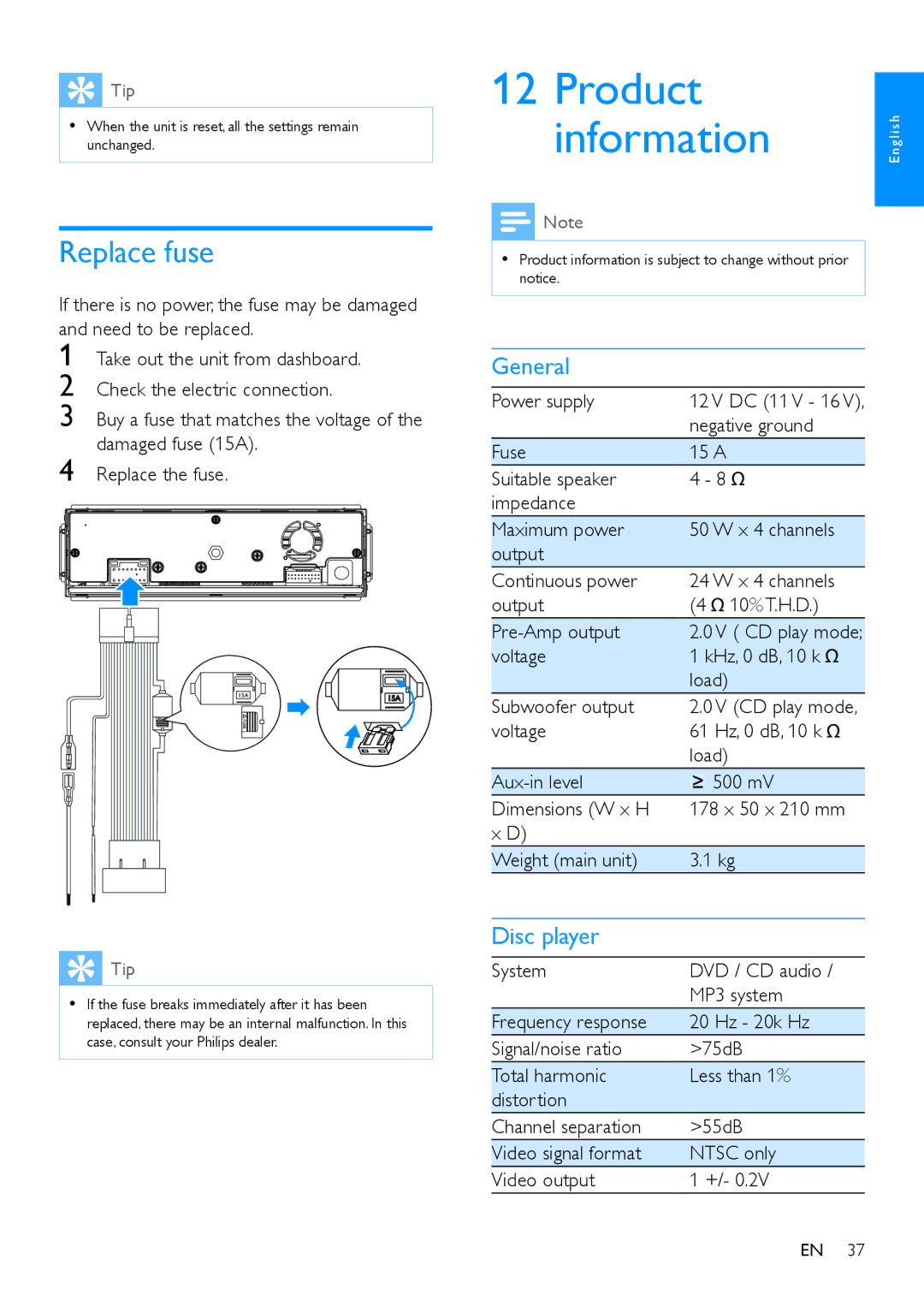 Philips CED780 user manual Product Information, Replace fuse, General, Disc player 