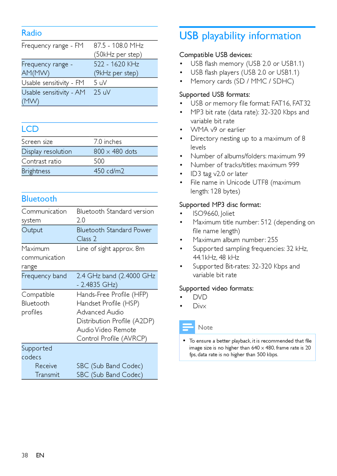 Philips CED780 user manual USB playability information, Radio, Bluetooth 