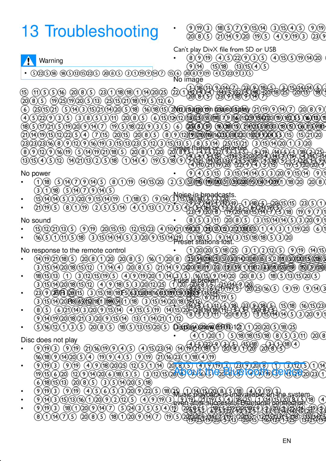 Philips CED780 user manual Troubleshooting, About the Bluetooth device 