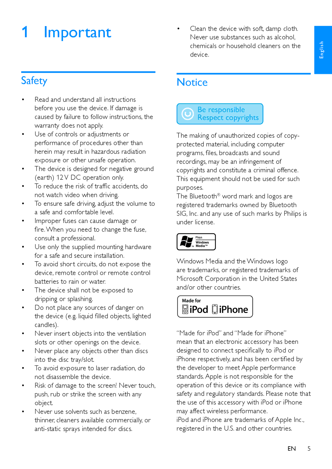 Philips CED780 user manual Safety, Clean the device with soft, damp cloth, Device 