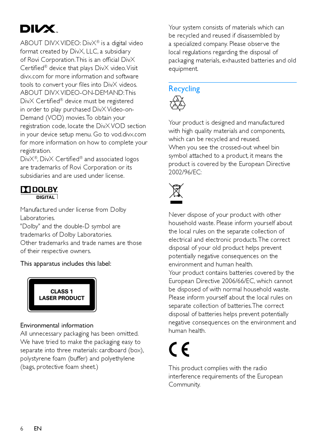 Philips CED780 user manual Recycling, Manufactured under license from Dolby Laboratories 