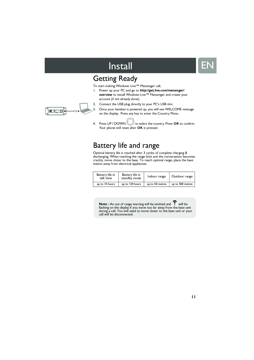 Philips Cell Phone user manual InstallEN, Getting Ready, Battery life and range 