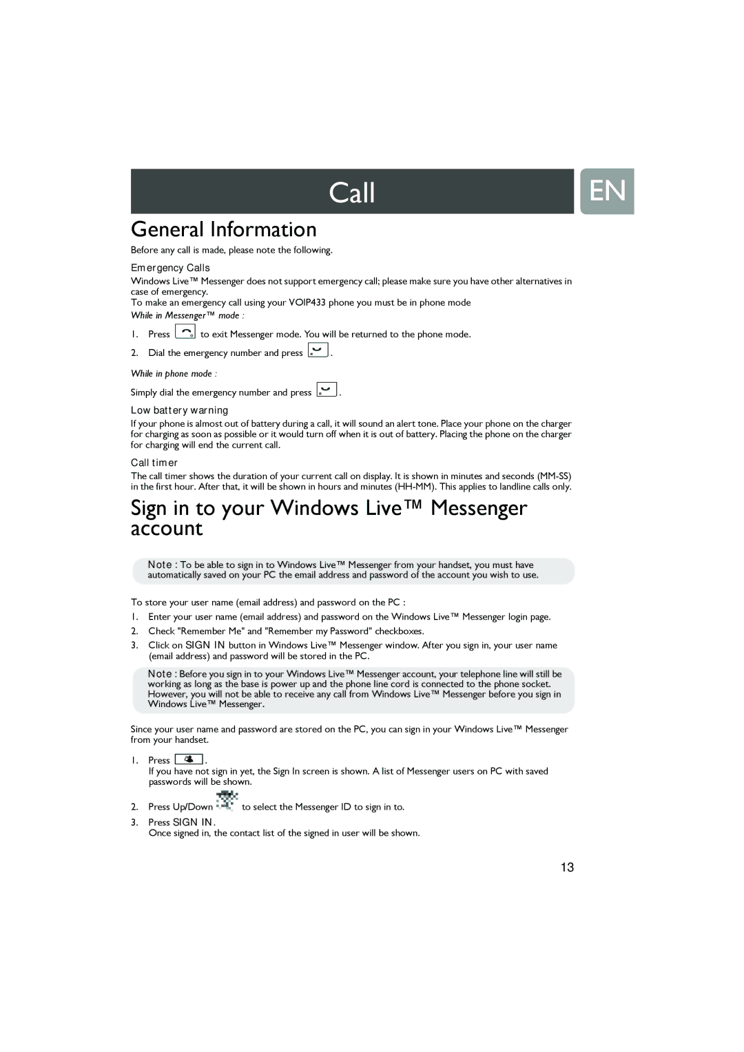 Philips Cell Phone user manual CallEN, General Information, Sign in to your Windows Live Messenger account 