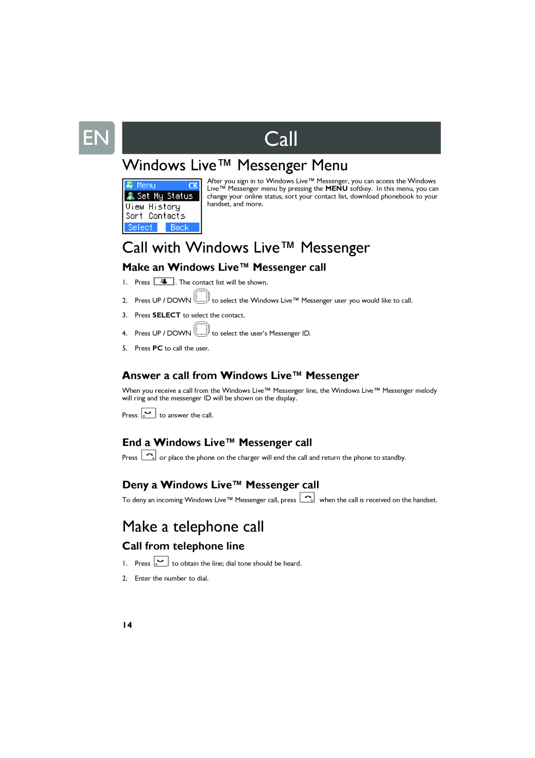 Philips Cell Phone user manual ENCall, Windows Live Messenger Menu, Call with Windows Live Messenger, Make a telephone call 