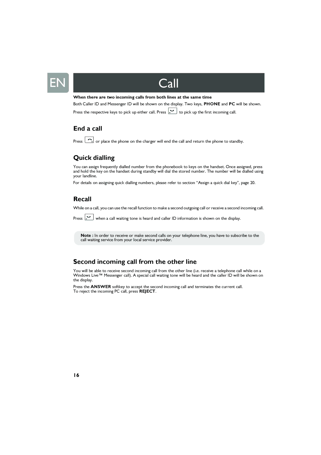 Philips Cell Phone user manual End a call, Quick dialling, Recall, Second incoming call from the other line 