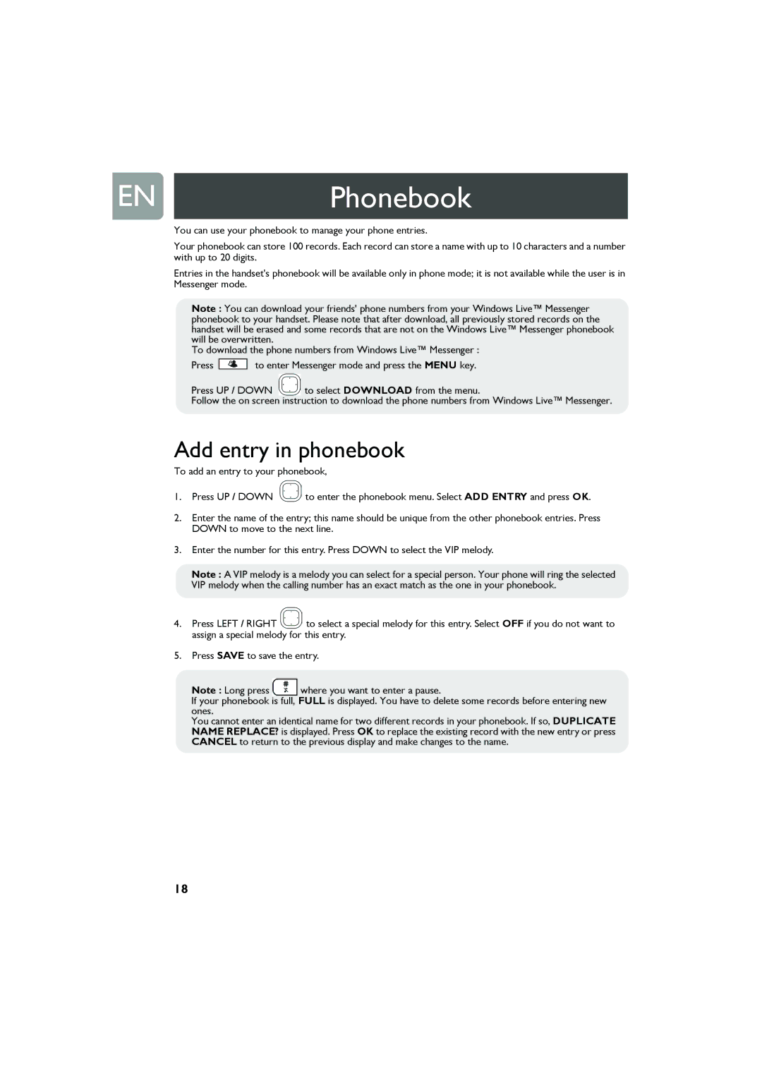 Philips Cell Phone user manual ENPhonebook, Add entry in phonebook 