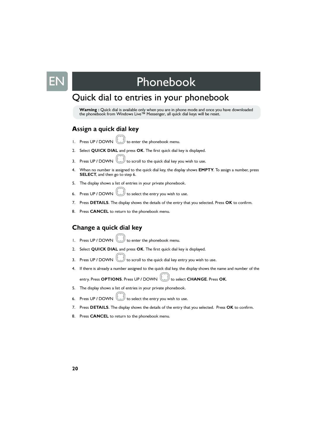 Philips Cell Phone user manual Quick dial to entries in your phonebook, Assign a quick dial key, Change a quick dial key 