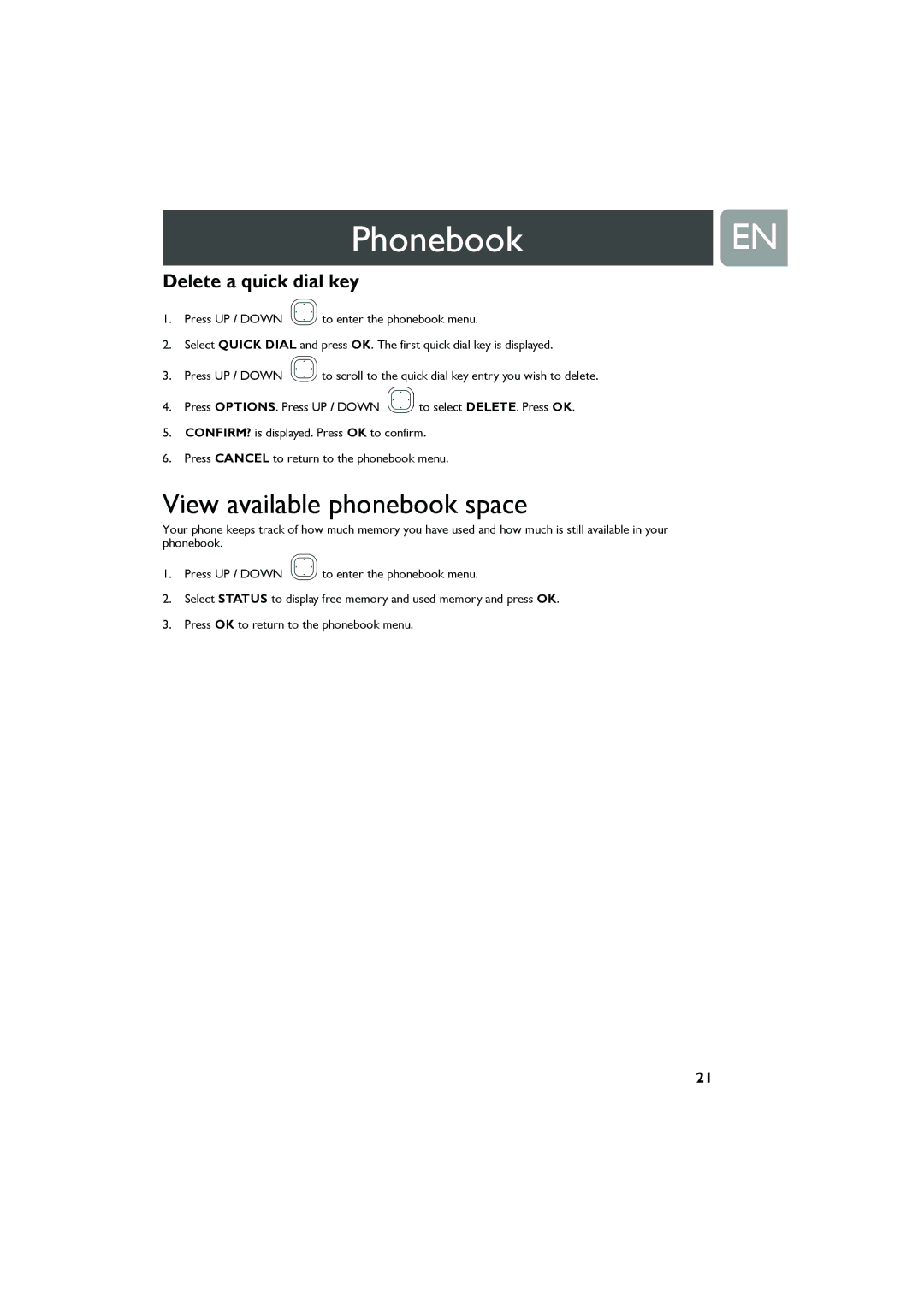 Philips Cell Phone user manual View available phonebook space, Delete a quick dial key 