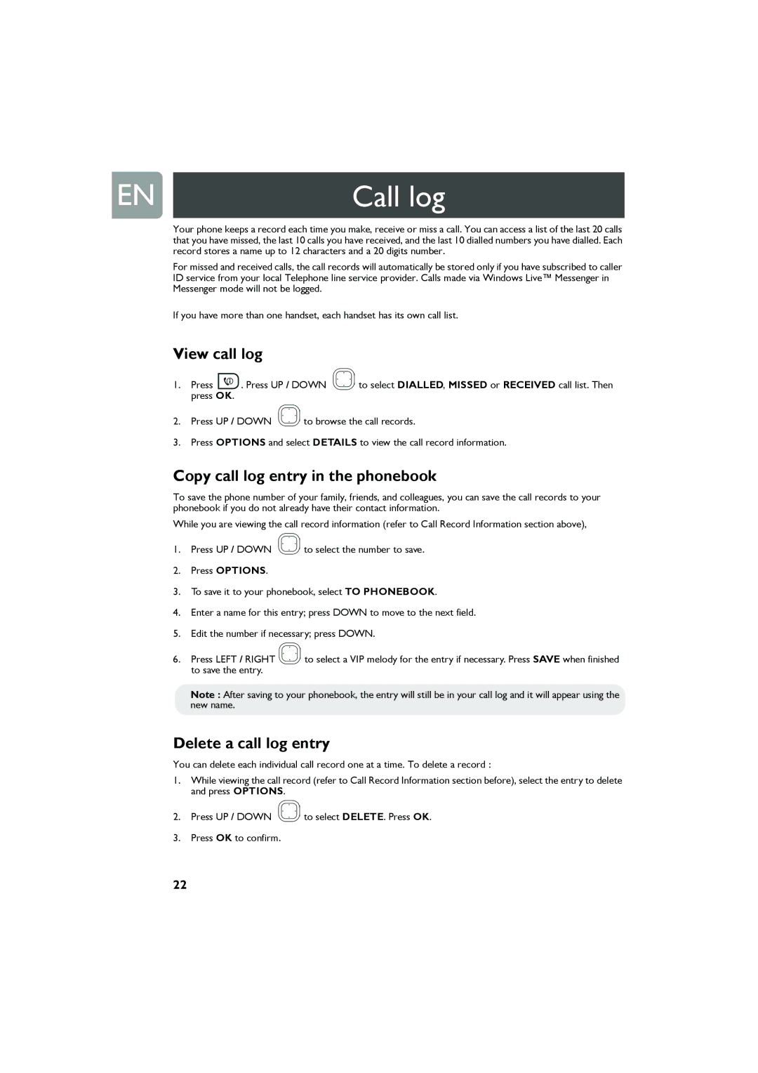 Philips Cell Phone user manual Call log, View call log, Copy call log entry in the phonebook, Delete a call log entry 