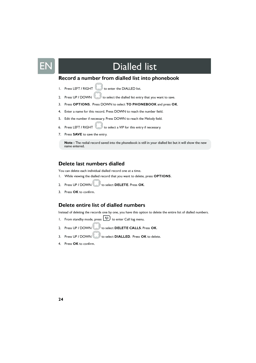 Philips Cell Phone user manual Record a number from dialled list into phonebook, Delete last numbers dialled 