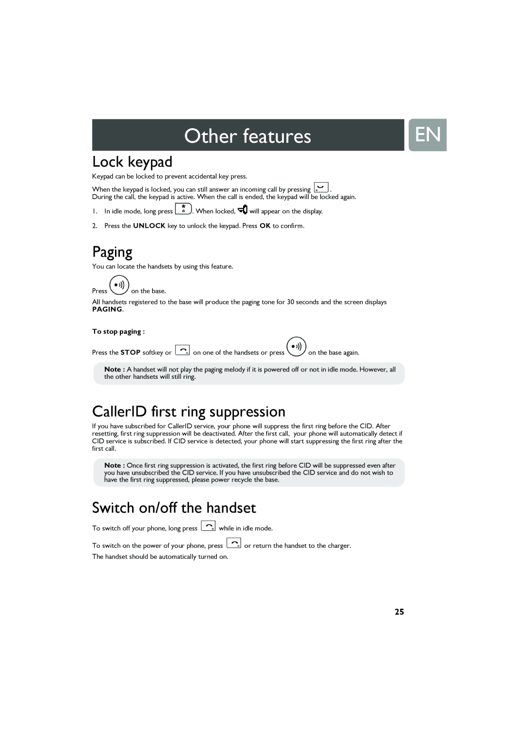 Philips Cell Phone Other features, Lock keypad, Paging, CallerID first ring suppression, Switch on/off the handset 