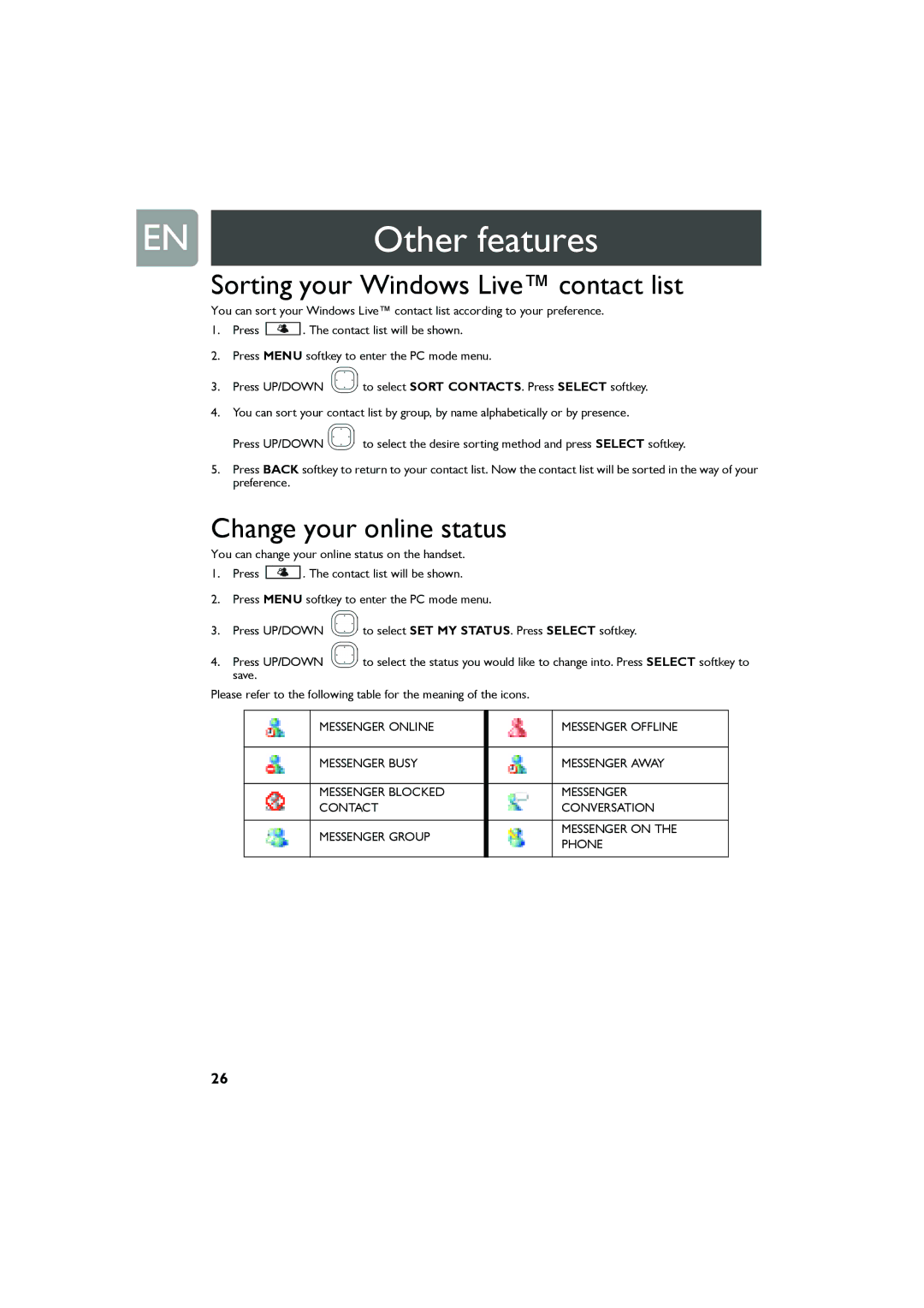 Philips Cell Phone user manual Sorting your Windows Live contact list, Change your online status 
