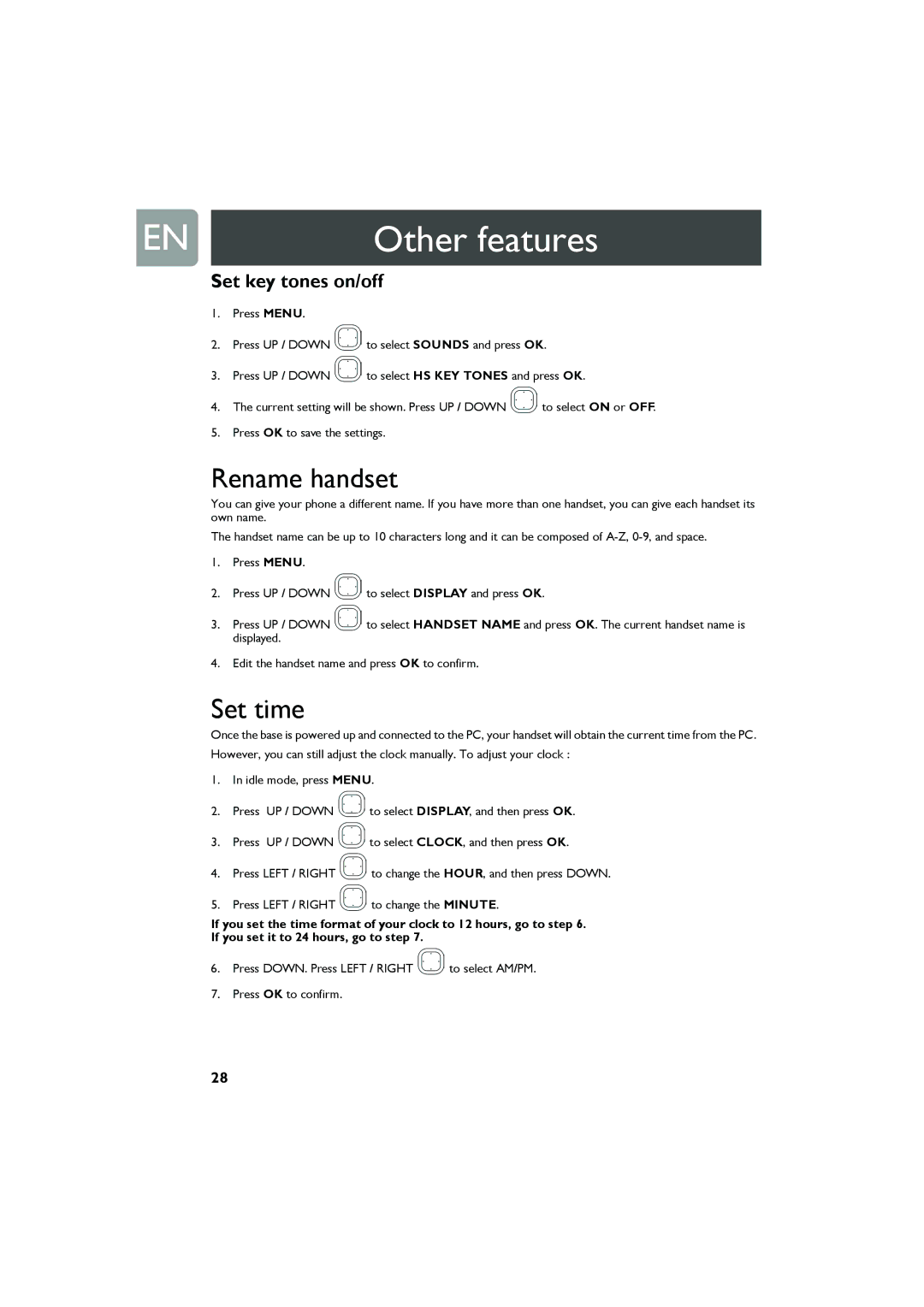 Philips Cell Phone user manual Rename handset, Set time, Set key tones on/off 