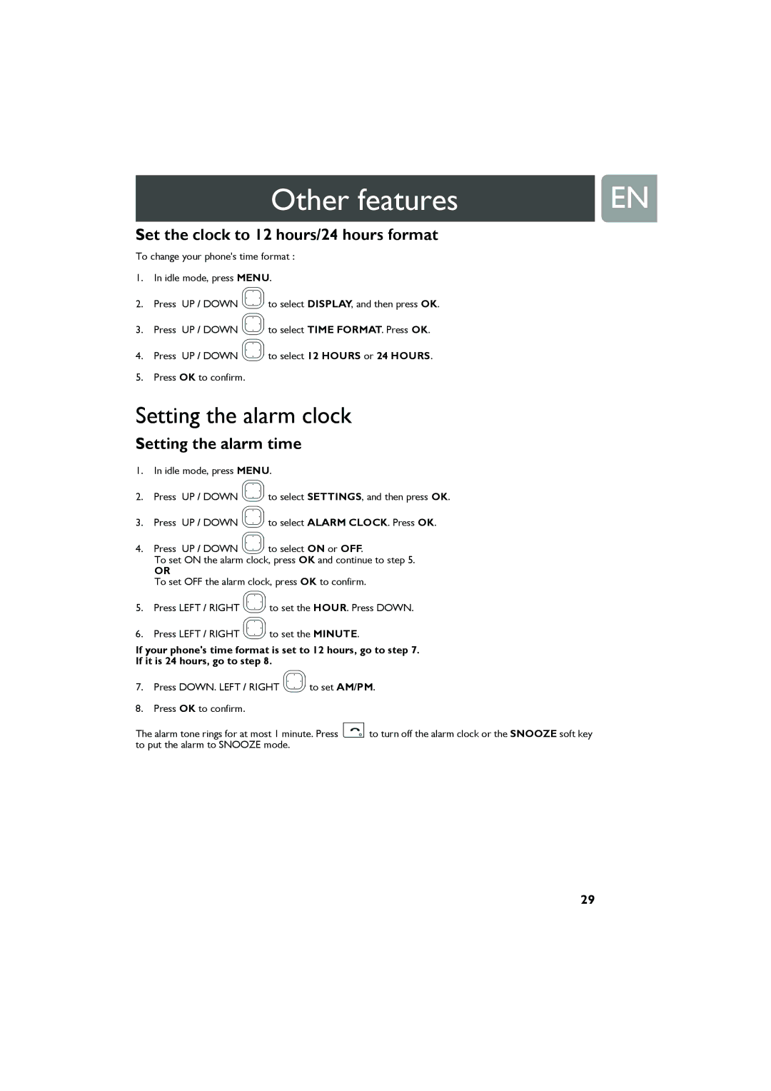 Philips Cell Phone user manual Setting the alarm clock, Set the clock to 12 hours/24 hours format, Setting the alarm time 