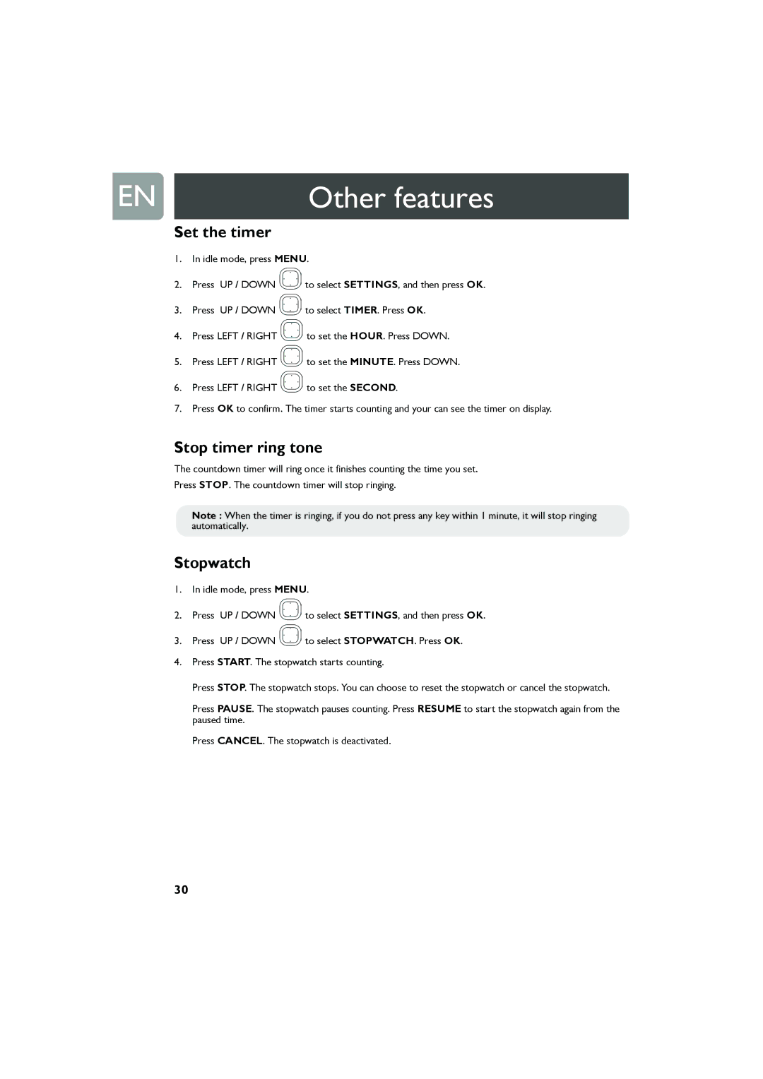 Philips Cell Phone user manual Set the timer, Stop timer ring tone, Stopwatch 