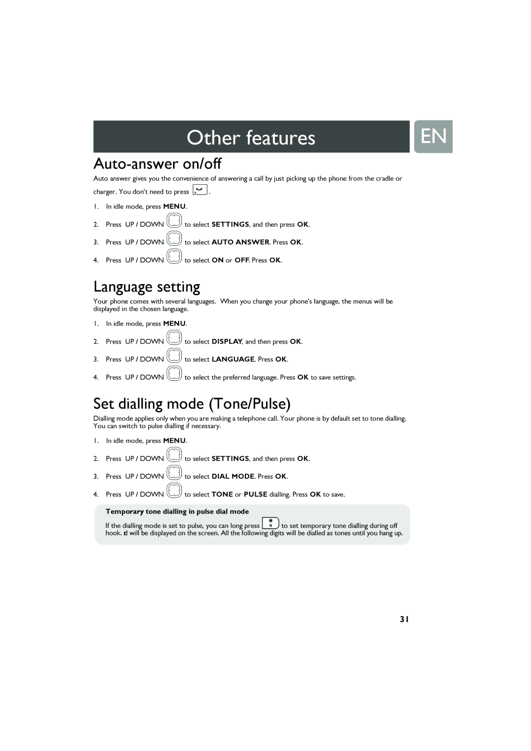 Philips Cell Phone user manual Auto-answer on/off, Language setting, Set dialling mode Tone/Pulse 