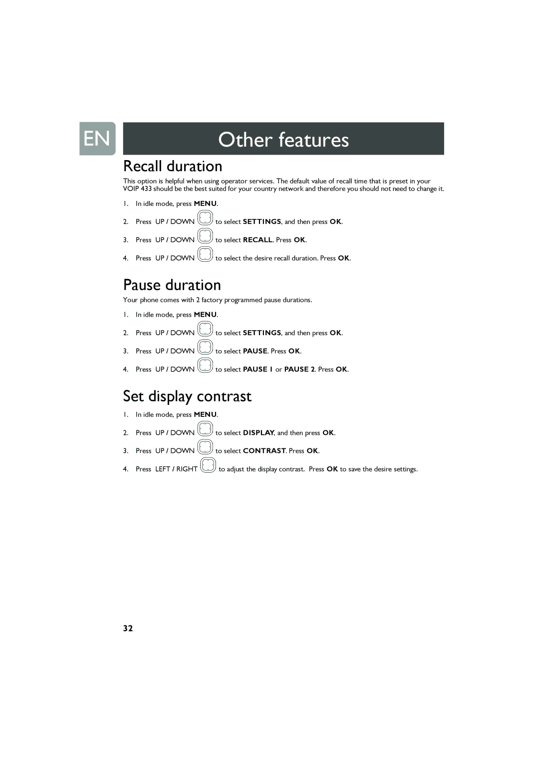 Philips Cell Phone user manual Recall duration, Pause duration, Set display contrast 