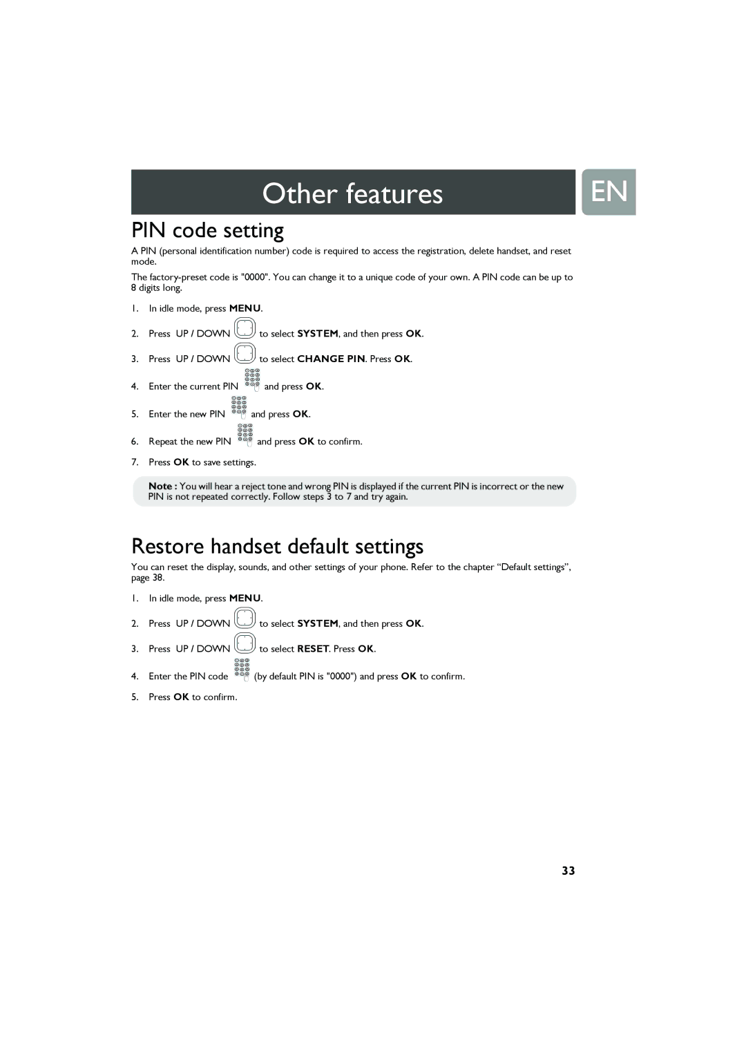 Philips Cell Phone user manual PIN code setting, Restore handset default settings 